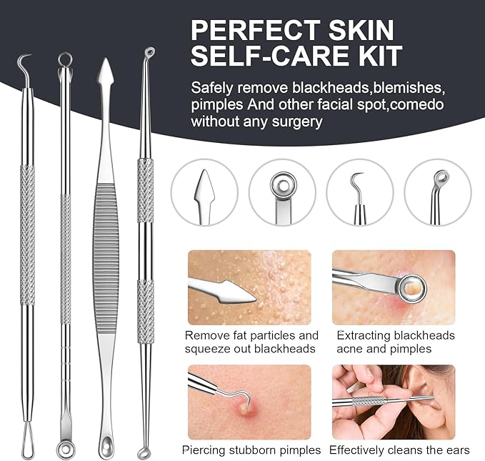 Meidaier 11Pcs Blackhead Remover Kit, Stainless Steel Acne Comedone Extractor with 10X Magnifying Glass & 20 75% Alcohol Pads, Pimple Whitehead Blemish Removal, Anti-Slip Handle & Storage Box