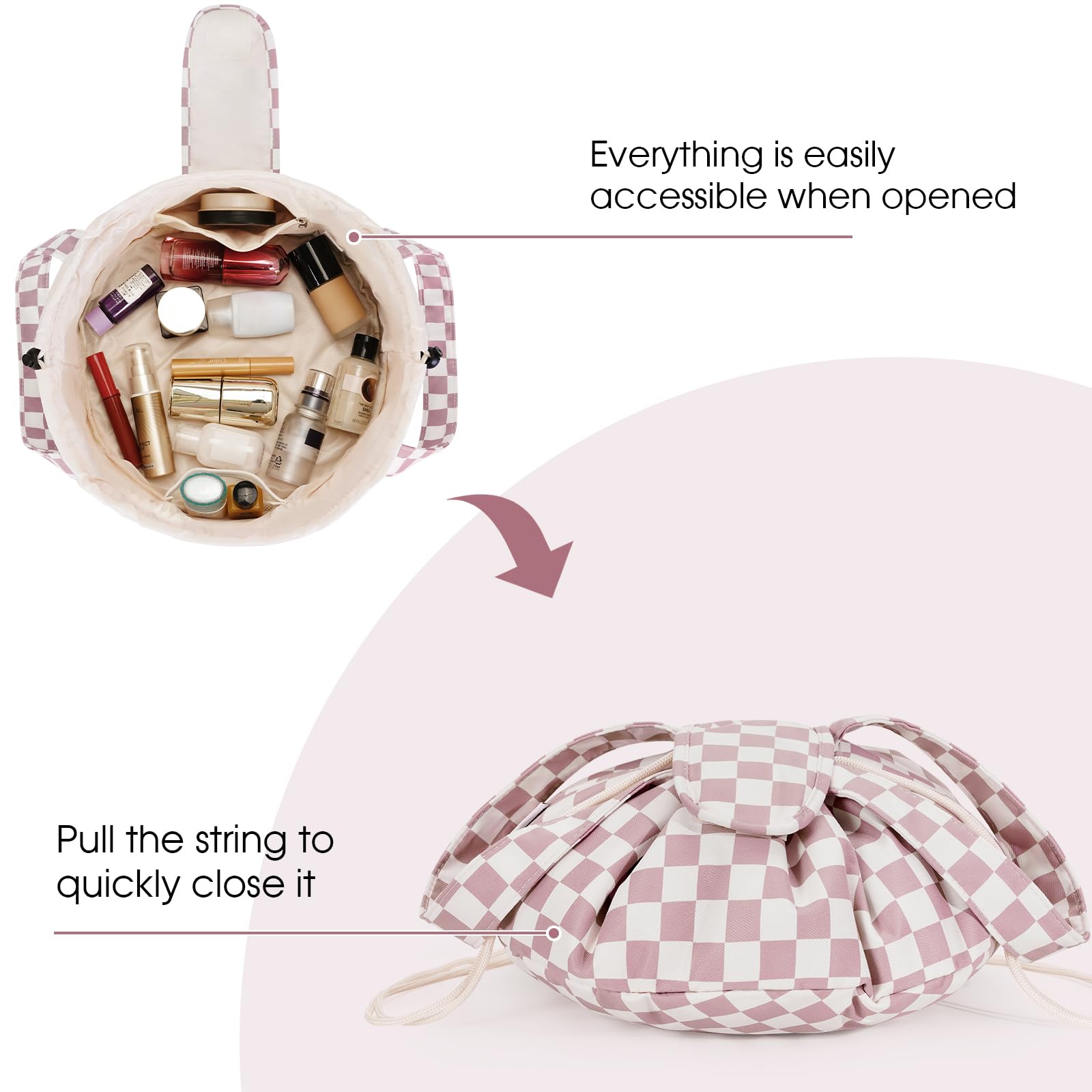 Narwey Barrel Drawstring Checkered Makeup Bag Large Cosmetic Bag Make up Bags Toiletry Bag Travel Bags for Toiletries Organizer for Women Gift for Teen Girls (Dusty Pink Checkerboard) (Patent)