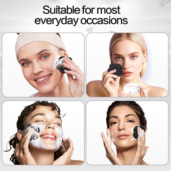 50-Count Facial Sponges Compressed Facial Sponges Natural Facial Cleansing Sponges Pads Cute Flower Shape Exfoliating Sponges for Cleansing Reusable,Best Makeup Gift, Black