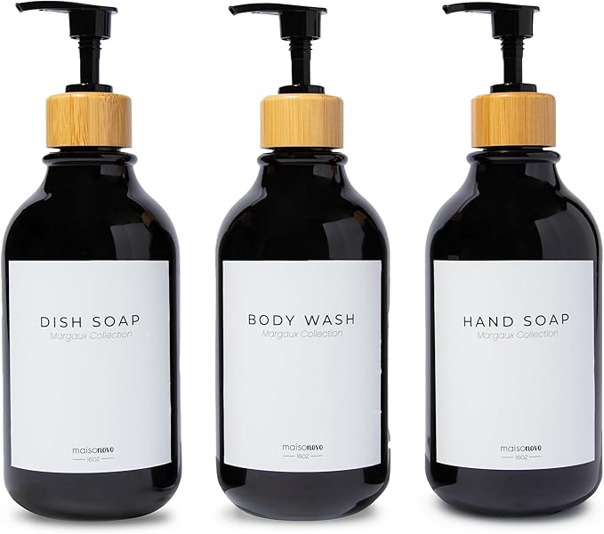 Shampoo and Conditioner Bottles Set of 3 Black Bamboo – Shower Shampoo Dispenser – Hotel Style Bathroom Upgrade by MaisoNovo