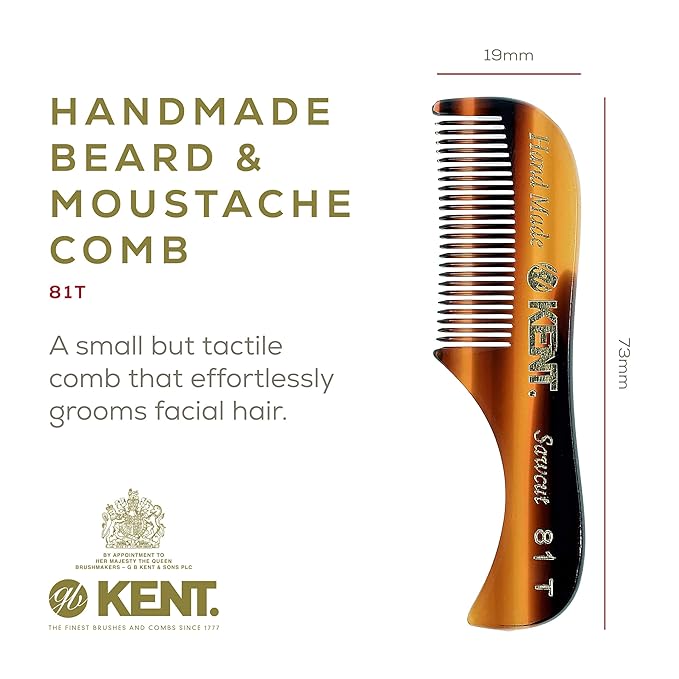 Kent 81T FOT Tortoiseshell Beard Pocket Comb Set for Men - Beard Kit for Travel and Home, Mustache Comb for Men, Mini Comb Beard Combs for Mens Grooming, Sawcut Hand polished Made in England