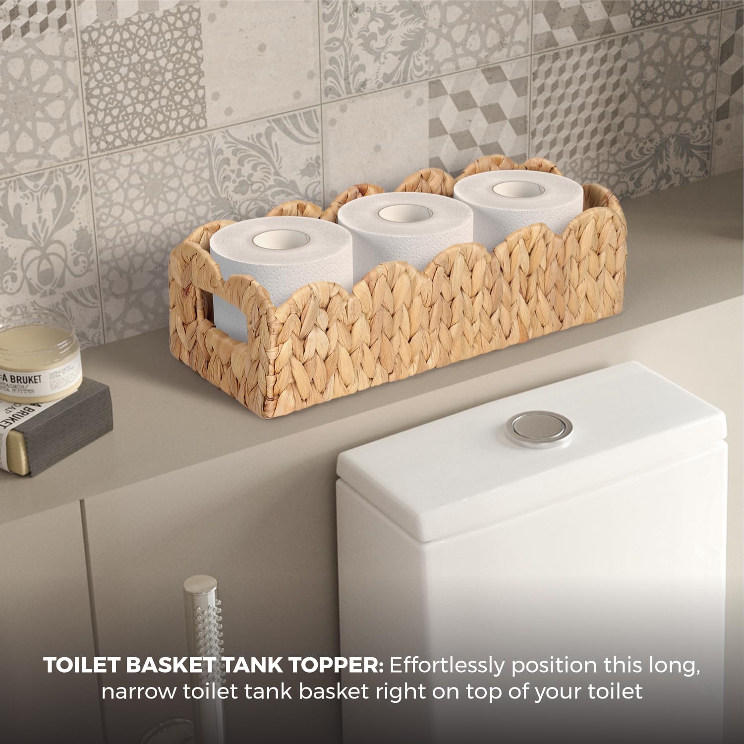 2 Pcs Handwoven Water Hyacinth Scalloped Countertop Storage Basket, Toilet Tank Basket for Bathroom, Scalloped Edge Wicker Rectangle Basket for Toilet Paper Baskets (2, Natural)