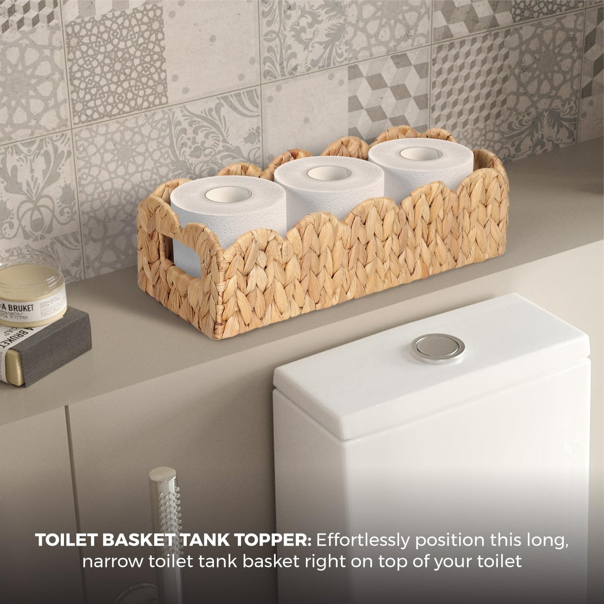 2 Pcs Handwoven Water Hyacinth Scalloped Countertop Storage Basket, Toilet Tank Basket for Bathroom, Scalloped Edge Wicker Rectangle Basket for Toilet Paper Baskets (2, Natural)