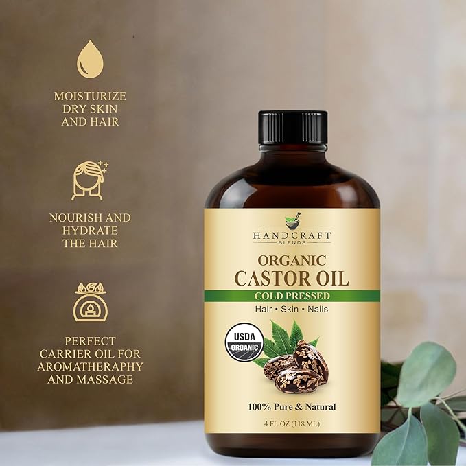 Handcraft Blends Cold-Pressed Organic Castor Oil 4 Fl Oz | Glass Bottle | Lash Brushes | 100% Pure and Natural | Premium Grade Carrier Oil | Hair, Eyelashes and Eyebrows | Hair and Body