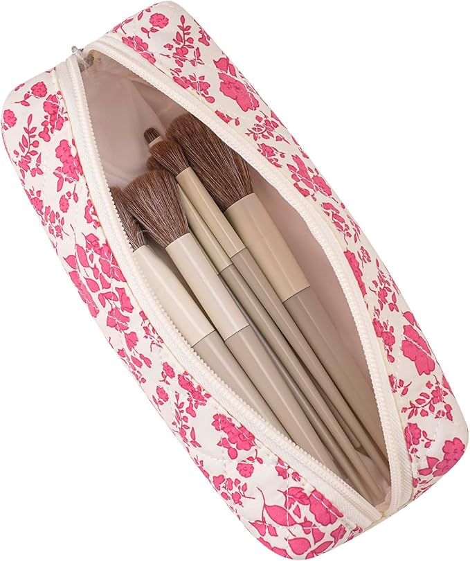 WHHJM Cute Floral Makeup Brush Bag Small Cotton Quilted Cosmetic Bag for Women Travel Toiletry Zipper Make Up Pouch (Rose Red Floral)