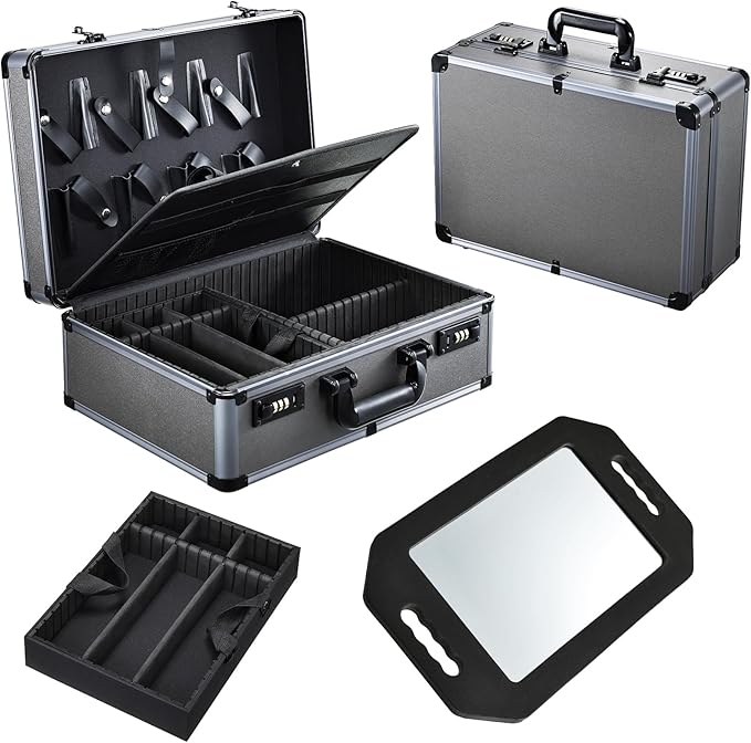 Yueieoun Professional Barber Case with Barber Clipper Tray Organizer, 6 Adjustable Clipper Slots & 8 Shear Holders, Portable Barber Carrying Case for Hair Tools & Supplies with Combo Locks