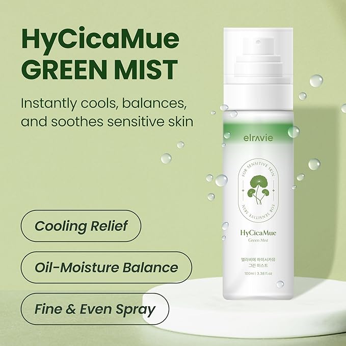 elravie HyCicaMue Green Face Mist | Ultra-Fine Face Spray for Instant Calming & Moisturizing | Cica, Peptide, Ceramide, Hyaluronic Acid | Reduce Excess Sebum & Soothe Irritated Skin | Korean Skin Care