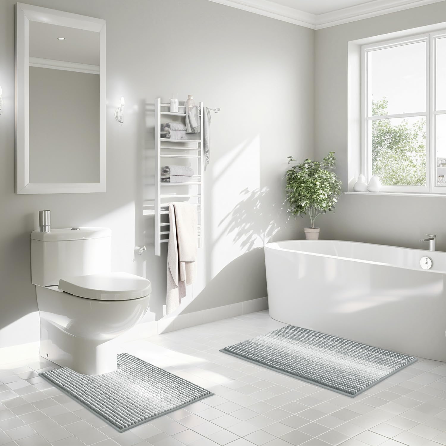 Bathroom Rugs Sets 2 Piece, Toilet Rugs U-Shaped, Contour Bath Mat Rugs Set for Toilet Bathroom, Soft Absorbent Chenille Bath Carpet, Quickly Dry, Washable (Light Gray, 32" x 20" + 24" x 20")