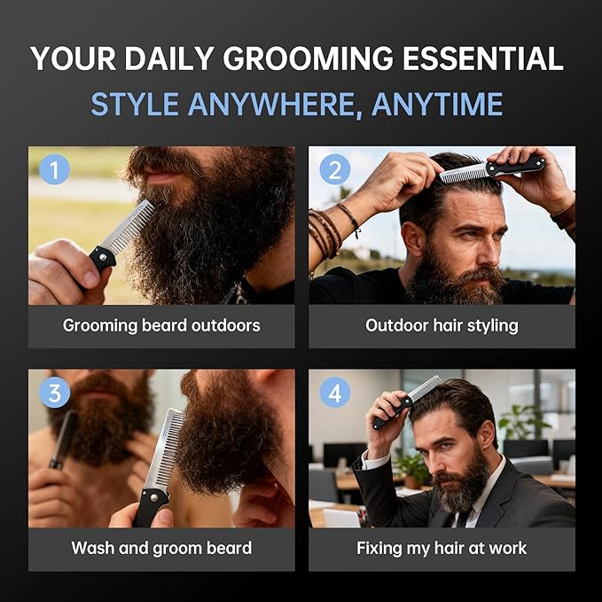 Folding Pocket Comb for Men, Stainless Steel Travel Grooming Tool