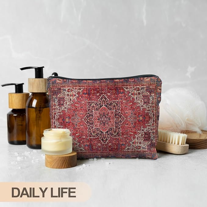 RYYCDOI Traditional Red Rug Style Makeup Bag, Vintage Ethnic Pattern Cosmetic Bag Gifts for Women Friends, Boho Tapestry Pouch