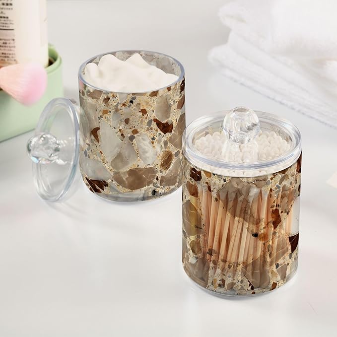 xmycdz 2 Pack Brown Marble Print Apothecary Jars with Lid, 10 Oz Marble Print Clear Plastic Apothecary Jar Set Qtip Holder Storage Containers for Cotton Ball Swabs Bathroom Vanity