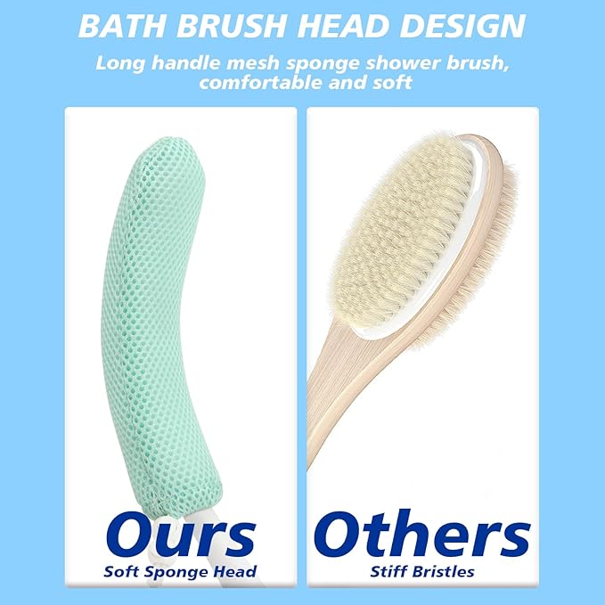 KkaFFe Back Scrubber for Shower，Mesh Sponge Body Shower Brush with Long Handle for Use in Shower Back Scrubber,Back Scrub for Exfoliating Body Scrubber or Shower Brush (Blue and Blue)