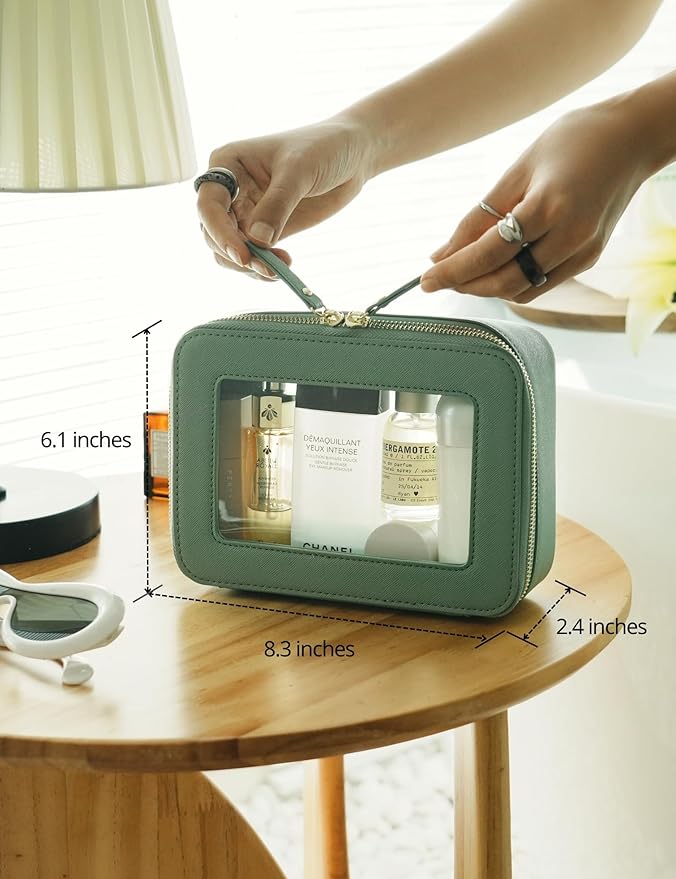 Popvibe Clear Makeup Bag Travel Cosmetic Case Transparent Toiletry Bag with Zipper, Portable Make Up Organizer Traveling Compact Car Bag for Essentials, Sage Green, Medium