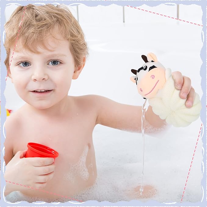 Vesici 2 Pcs Loofahs for Kids Children's Bath Loofahs Girls Toddler Cute Cartoon Bath Sponges Loofah Pouf Body Scrubber Mesh Sponges for Shower Washing Exfoliating(Pig,Cow)