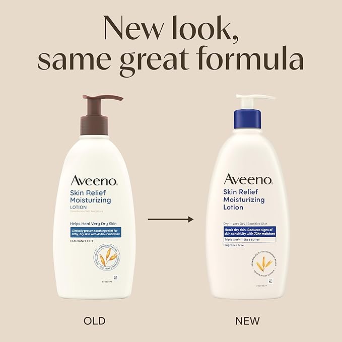 Aveeno Skin Relief Moisturizing Body Lotion Heals Very Dry, Sensitive Skin, Fast Absorbing Lotion with Soothing Triple Oat & Shea Butter Formula, Fragrance Free Lotion, Non-Comedogenic, 18 Fl Oz