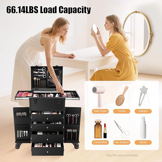 SuiYuLn 44.09lbs Lockable Makeup Train Case,Rolling Hairdressing Trolley,Beauty Salon Cosmetic Luggage with Universal Wheels for Hair Stylist,Make-up Artists (Black 8)
