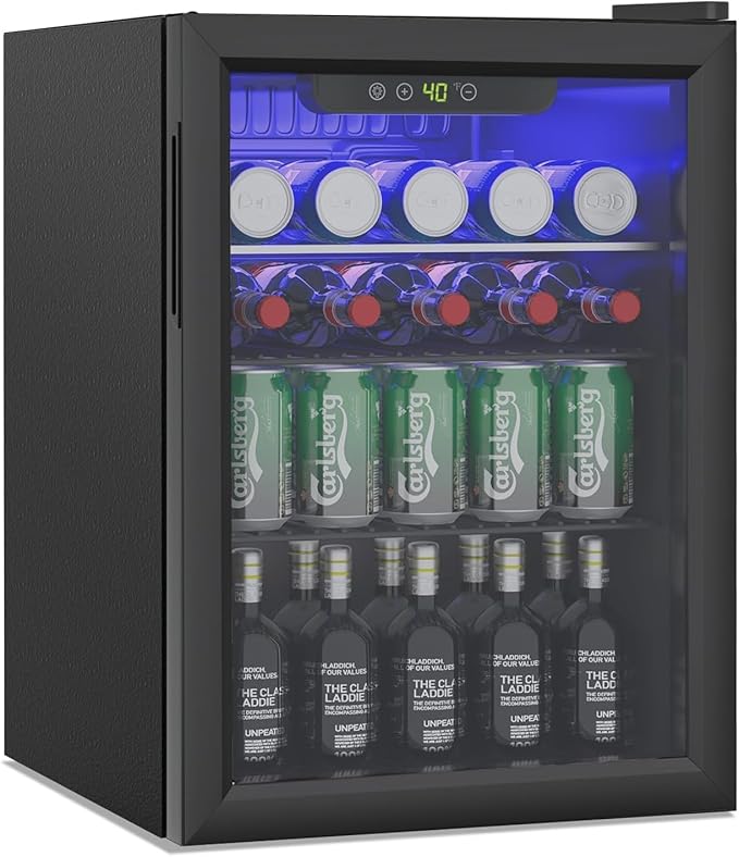 Erivess Compact Beverage Refrigerator, 105 Can/2.7 Cubic Feet Fridge with Glass Front Door for Soda, Beer or Wine, Under Counter Small Refrigerator with Adjustable Shelve & Digital Display(Black)