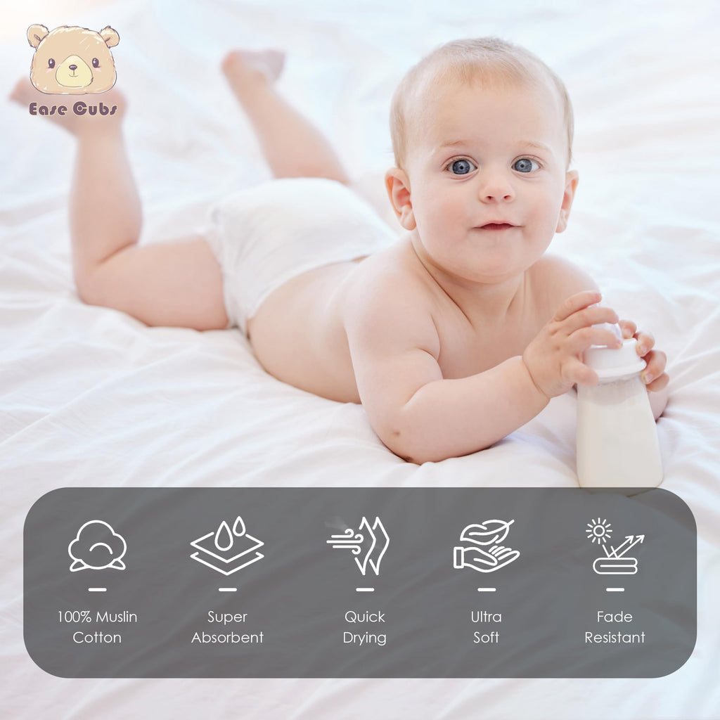 Ease Cubs 12 Pack Muslin Washcloths for Baby - 100% Cotton Baby Wash Cloths for or Baby Face Body Comfy and Soft for Newborn Infants Kids Girls and Boys - 12"x12" - Green