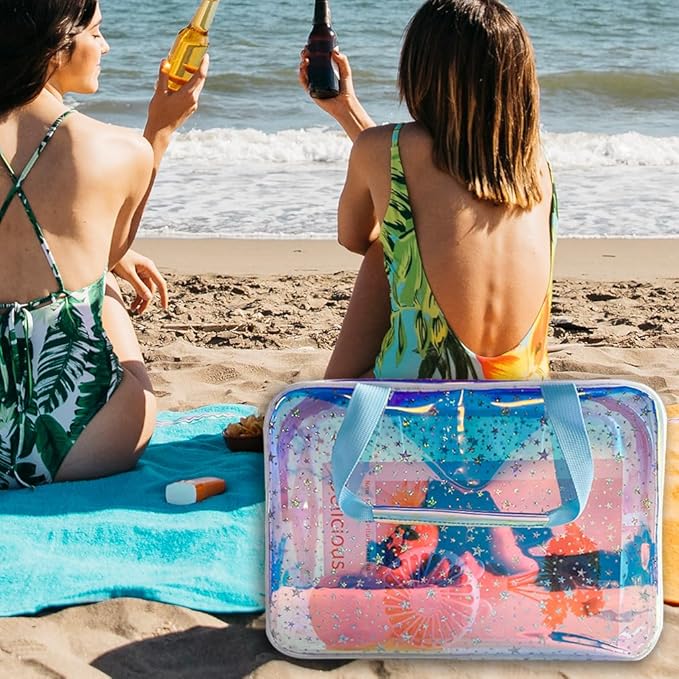 TotePrint TPU Holographic Blue Clear Star Large Cosmetic Bag and Travel Pouch with Handle,Durable TPU Material,Zipper Design-Ideal for Makeup,Travel Essentials (Holographic Blue)