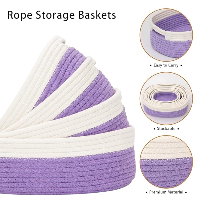 HLWDFLZ 7 Piece Cotton Rope Woven Basket Set - Small Basket for Baby Nursery, Pets, Montessori, Dog & Cat Toy Boxes, Bathroom Organization Bins (White/Purple)