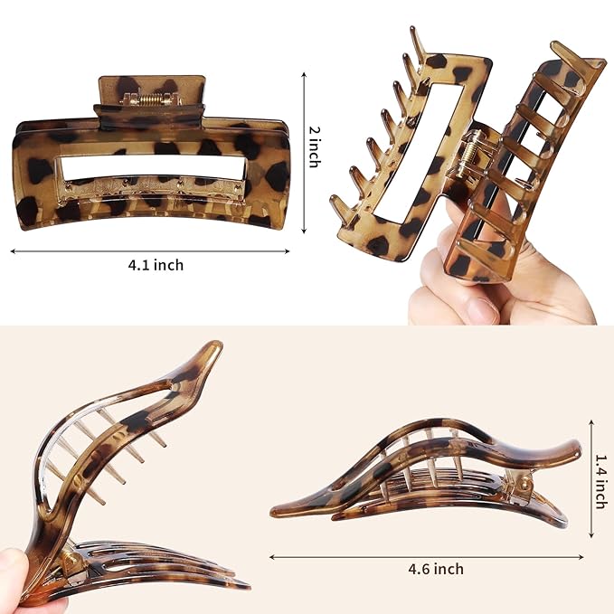 Hair Clips for Women 4.3 Inch Large Hair Claw Clips 8 pcs Square Claw Clips & Flat Hair Clips for Thick or Thin Hair French Concord Hair Barrettes Alligator Hair Accessories for Women (Leopard)