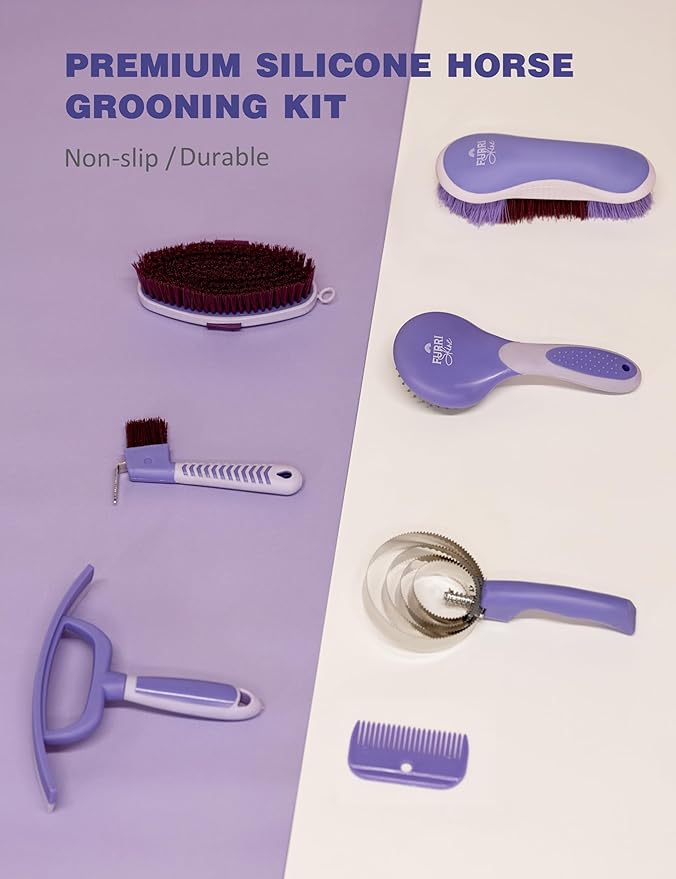 9-Piece Horse Grooming Brush Kit, Silicone Curry Comb & Grooming Brushes for Daily Care, Bathing & Shedding Sugar Taro