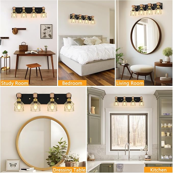 FadimiKoo Farmhouse Bathroom Vanity Light Fixtures, 4-Light Wood Bathroom Lighting Over Mirror, Rustic Black Gold Sconces Wall Lighting with Metal Lampshade for Living Room, Bedroom, Hallway