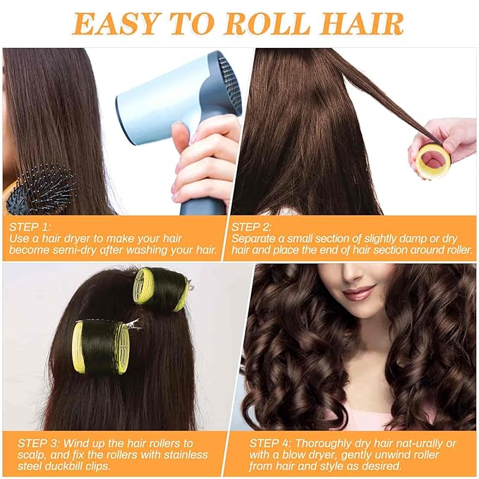 Self Grip Hair Rollers Curlers Set - 24 Pieces with 3 Sizes (4 Jumbo, 4 Large & 4 Medium) and 12 Clips for All Hair Types