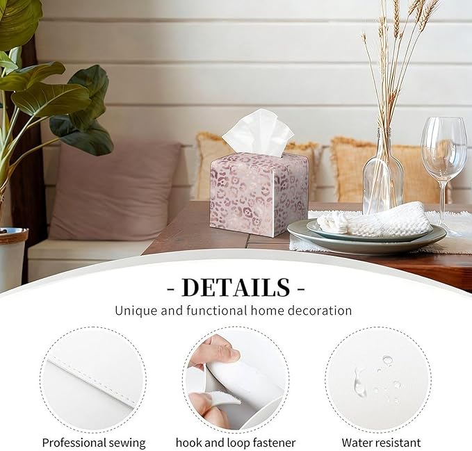 Pink Leopard Tissue Box Cover Leather Tissue Box Holder Square Facial Paper Organizer Dispenser for Bathroom Kitchen Bedroom Vanity Countertop Night Stands