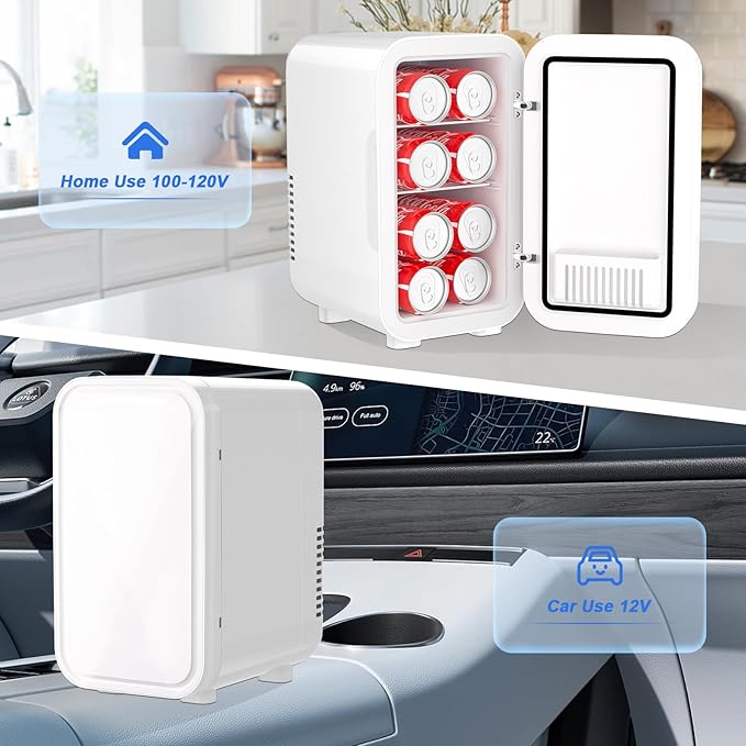 YASHE Mini Fridge, 6 Liter/8 Can 110V AC/DC Portable Thermoelectric Cooler Refrigerators for Bedroom, Personal Skin Care Fridge for Cosmetics, Drink, Milk, Office, Dorm Room and Car, White