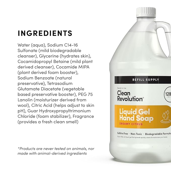 Clean Revolution Liquid Gel Hand Soap, Silky Rich Liquid, Quick Lather, Fast Rinsing, (Dreamy Citrus) 128 Fl Oz, 4 Pack - Made in USA