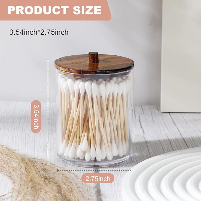 4 Pack Qtip Holder Dispenser with Wood Lids - 10 oz Clear Plastic Apothecary Jar Containers for Vanity Makeup Organizer Storage - Bathroom Accessories Set for Cotton Swab,Pads, Ball, Floss
