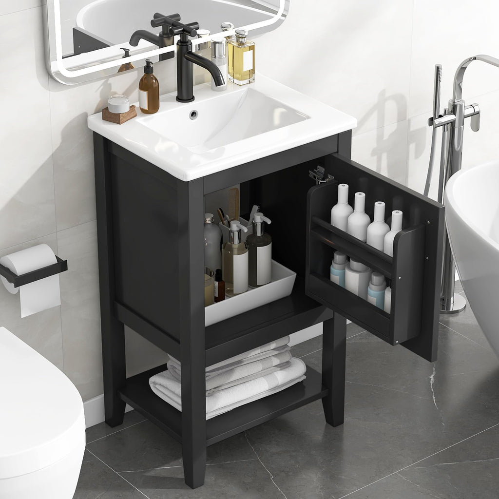 Bellemave 20" Small Bathroom Vanity with Sink, Modern Bathroom Storage Cabinet with Door and Storage Rack, Free Standing Single Basin Vanity with Open Shelf, Undermount Ceramic Sink, Black