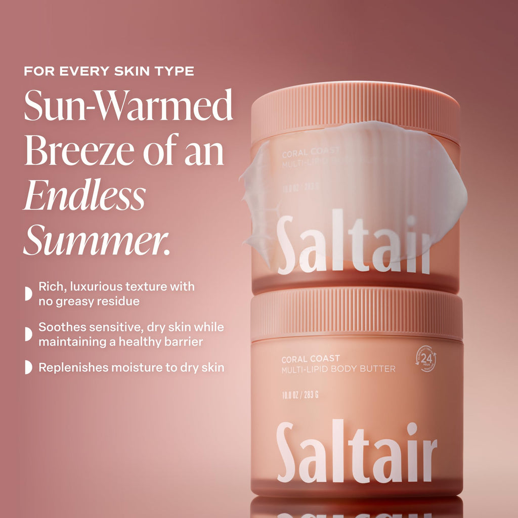 Saltair Multi-Lipid Body Butter – Hydrating 24-Hour Moisture – Body Cream for Soft Skin & Barrier Support – Ceramides, Coconut Oil & Shea Butter for Dry Skin Care – Coral Coast, 10oz