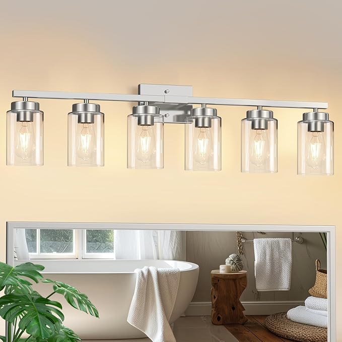 IZORRO Modern Bathroom Light Fixtures, 6 Light Brushed Nickel Vanity Lights, Bathroom Lighting Fixtures Over Mirror with Clear Glass for Living Room Cabinet Bedroom