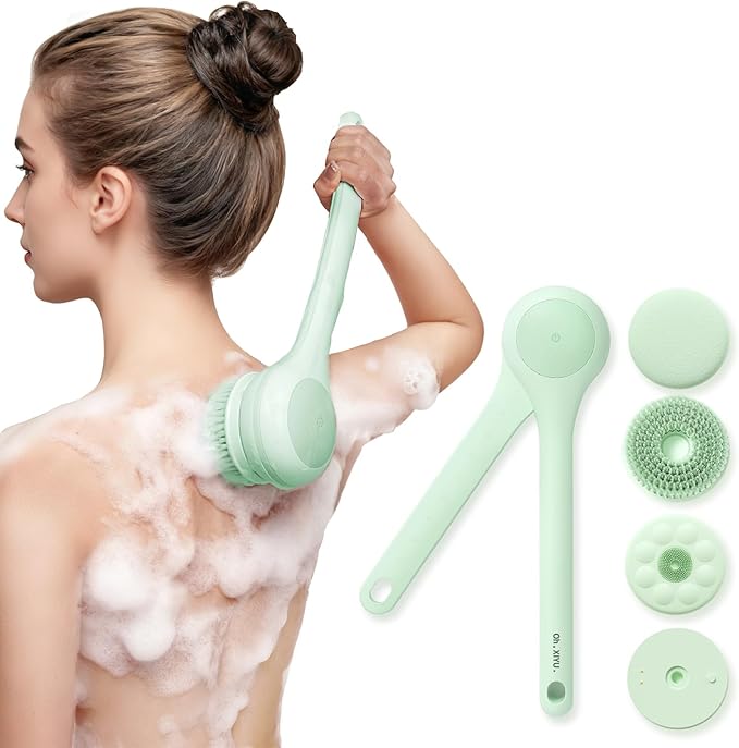 Oh,XIYU. Electric Body Brush Back Scrubber for Shower, Waterproof Long Dual Handle Body Scrubber with 3 Heads, Bath Brush & 2 Speeds, for Cleansing, Exfoliating and Massaging Skin, Pale Cypress Green
