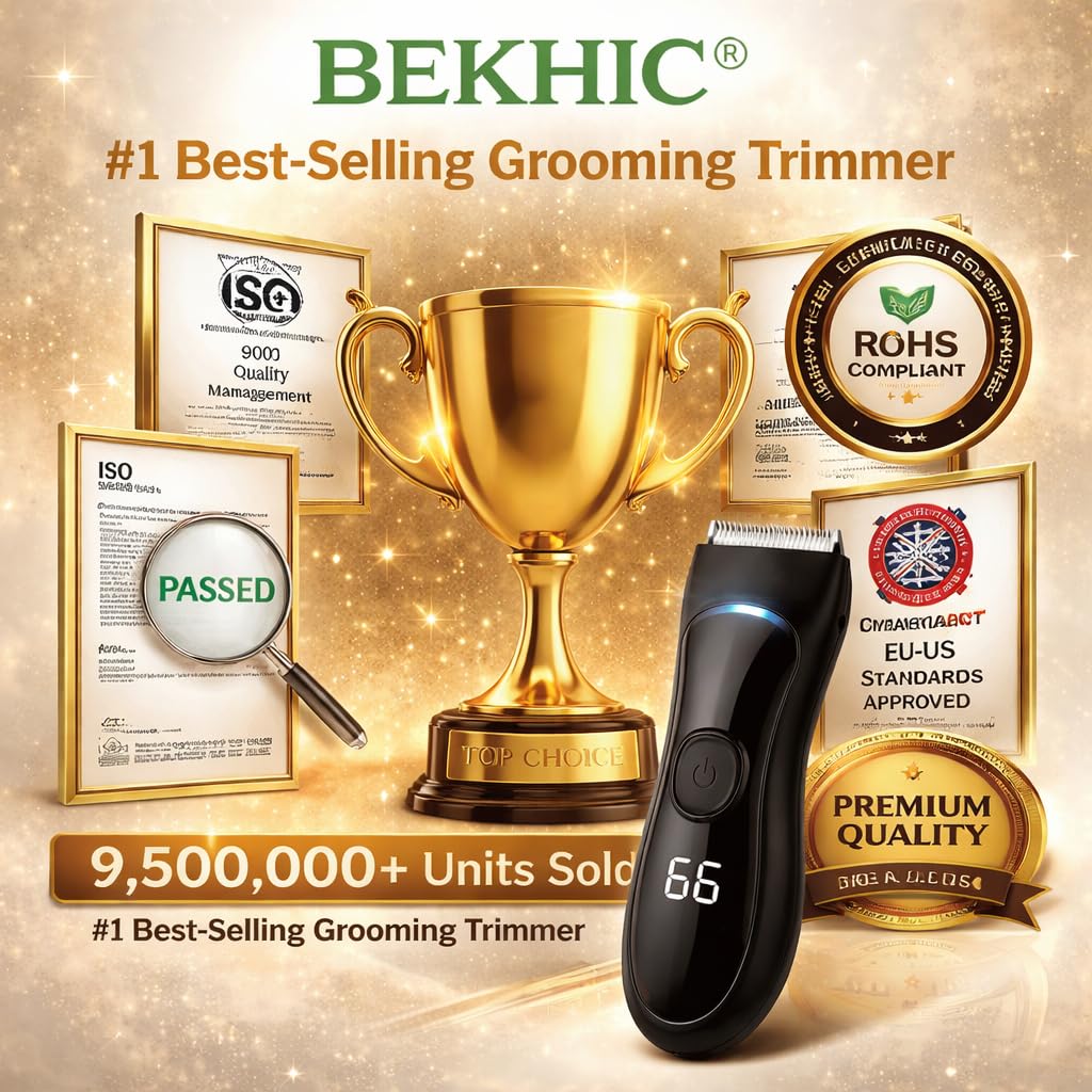 Bekhic Manscape Groin & Body Hair Trimmer for Men – Waterproof Pubic Hair Shaver & Ball Groomer with LED Light – No-Nick Ceramic Blade, 90-Min Runtime, Cordless Wet/Dry Clipper for Sensitive Skin