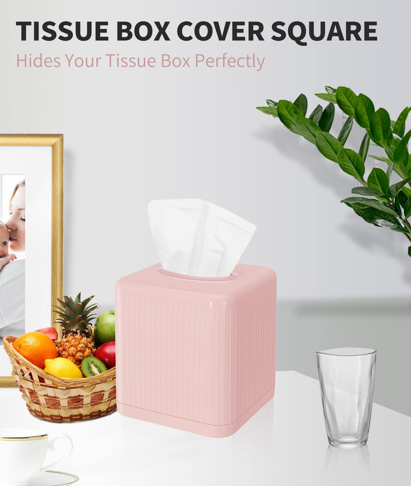 Livelab Tissue Box Cover with Base - Square Plastic Holder, Decorative Case, Modern Facial Paper Dispenser for Bathroom, Vanity Countertops, Night Stands, Desk - Pink