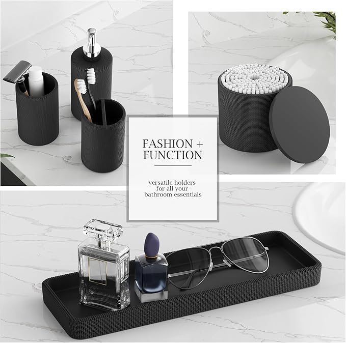InnJoey 6-Piece Black Bathroom Set - Mesh Textured Resin Bathroom Accessories Set with Soap Dispenser, Toothbrush Holder, Cup, Vanity Tray & Apothecary Jars for Small Spaces