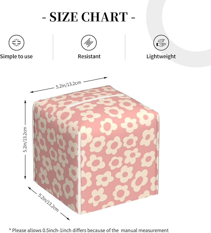 Vintage Groovy Flowers Tissue Box Cover Square,Pink Boho Floral Tissue Box Holder Waterproof Leather Facial Paper Organizer Dispenser for Bathroom Home Car Nightstand Vanity Desk