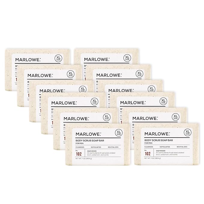 MARLOWE. Body Scrub Soap, Exfoliating Soap Bar, Oud Wood, 7 oz (12 Bars)