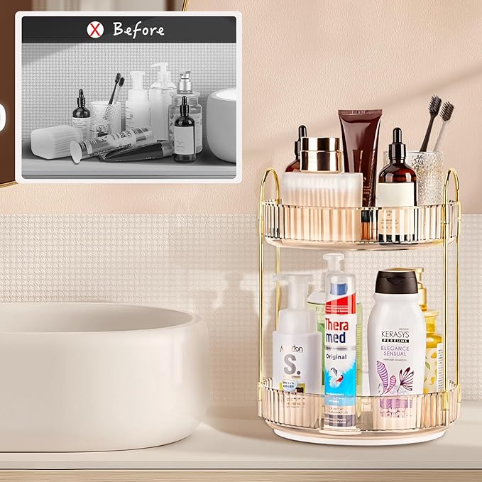 Niluks 360 Rotating Makeup Organizer - Large Capacity Spinning Perfume & Cosmetic Skincare Holder for Vanity & Countertop (Vibrant Orange, 2 Tier)