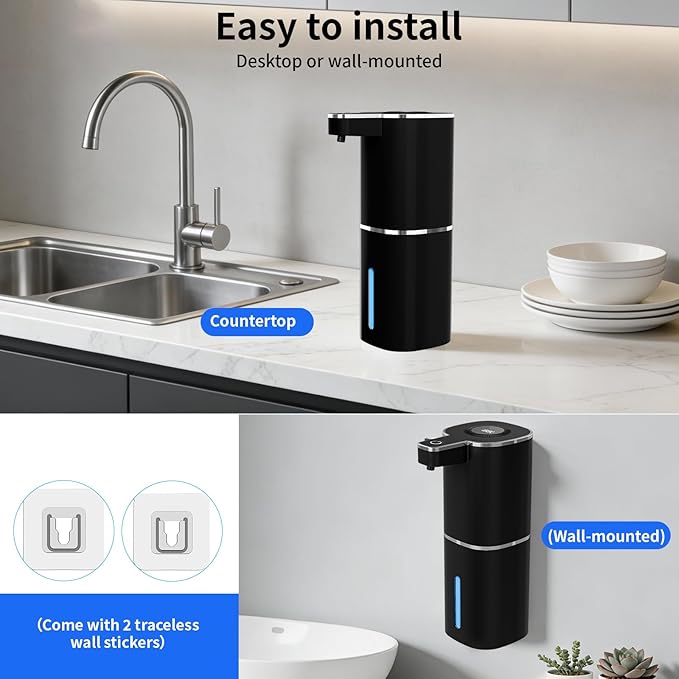 Automatic Foaming Soap Dispenser, Touchless Rechargeable Hand Soap Dispenser, 4 Adjustable Levels, 1200mAh Battery, Large Display, for Kitchen & Bathroom (Black, Foaming)