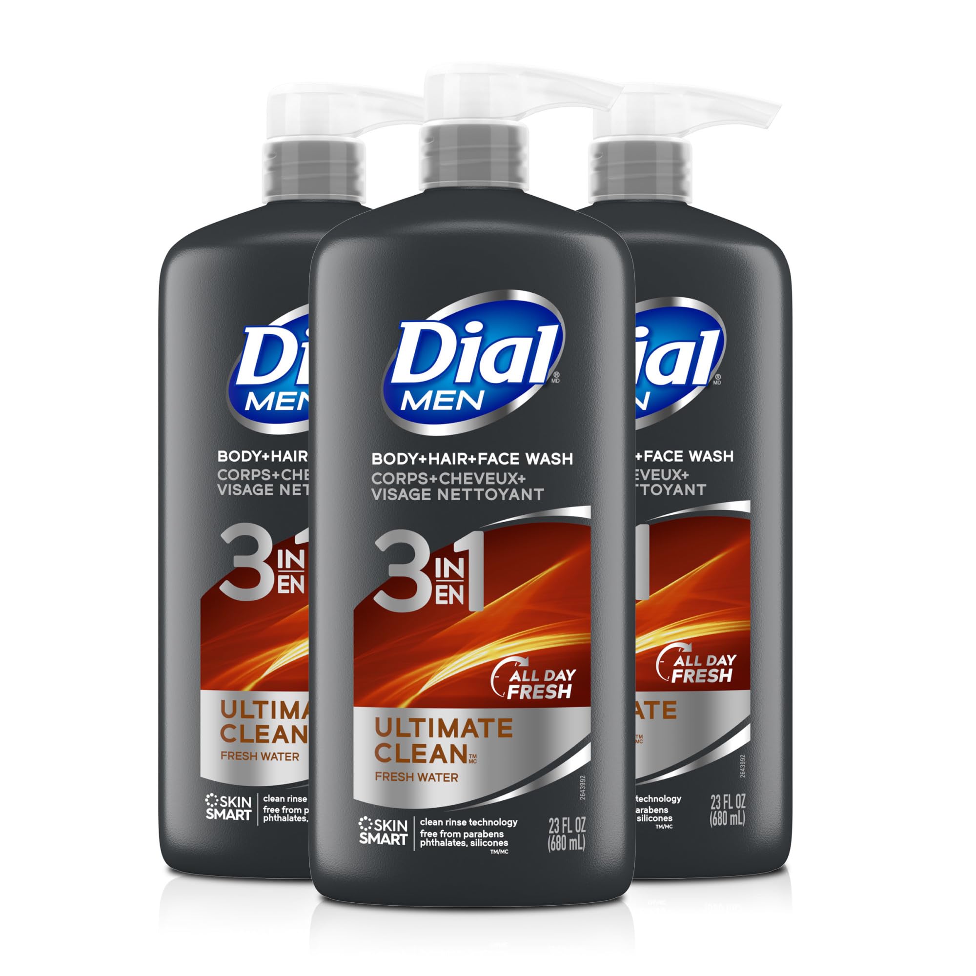 Dial Men 3 in 1 Body, Hair and Face Wash, Refresh, 23 Fl Oz, Pack of 3, Cleanses Deep + Gentle on Skin with Clean Rinse Technology