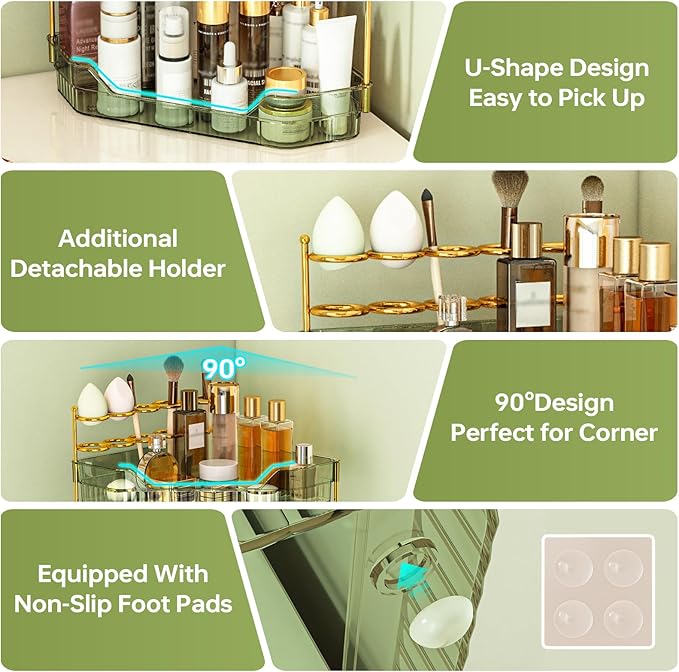 Corner Bathroom Counter Organizer with Makeup Brush Holder & Toothbrush Holders, Makeup Organizer for Vanity Countertop, Acrylic Skincare Storage Shelf (Green, 2-Tier)