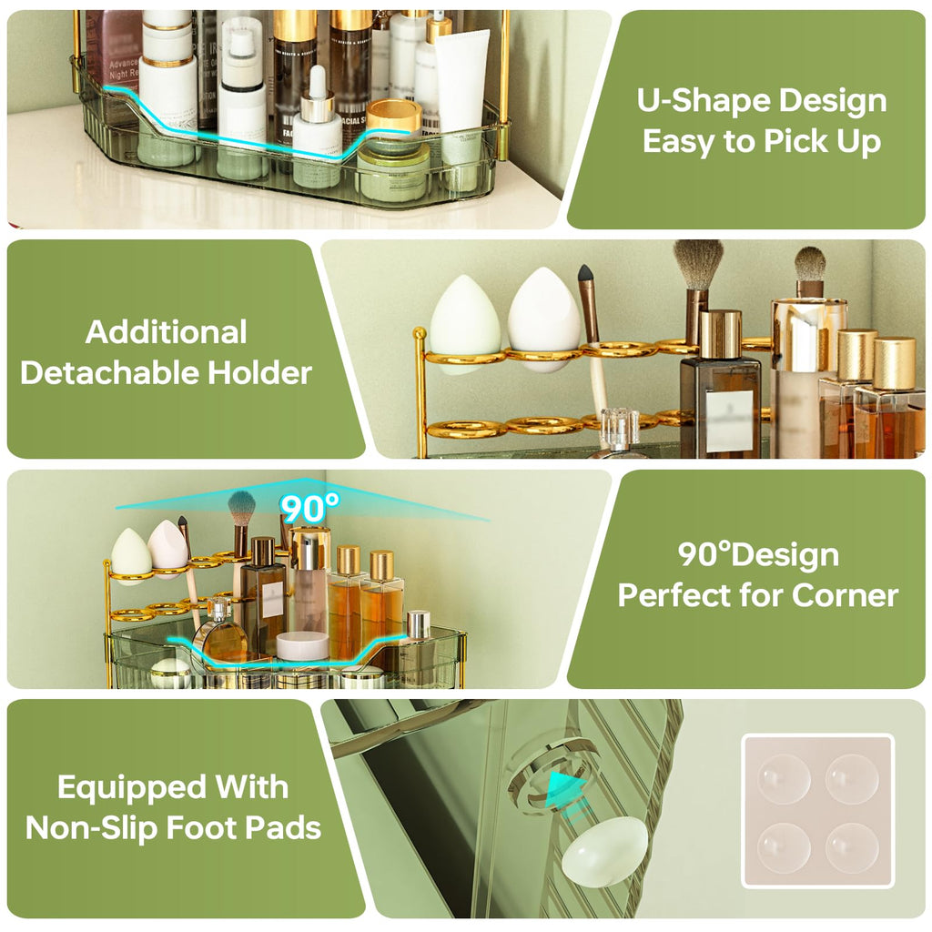 ZZWILLB Corner Bathroom Counter Organizer with Makeup Brush Holder & Toothbrush Holders, Makeup Organizer for Vanity Countertop, Acrylic Skincare Storage Shelf (Green, 3-Tier)