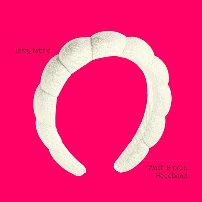 Conair Spa Makeup and Face Washing Headband, Ultra-Absorbent Microfiber Skincare Headband, Soft Terry Cloth, No-Pull Band Gentle on Hair and Head, Bubble Design, Ivory