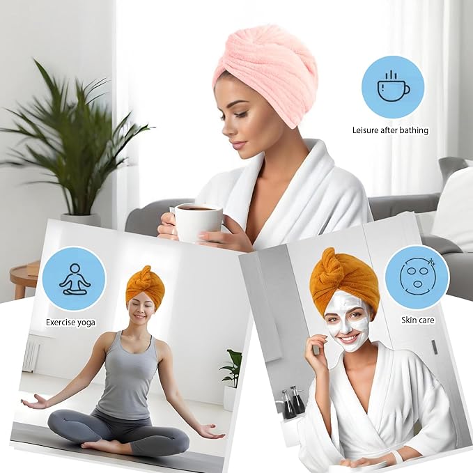 Microfiber Hair Drying Towel Wrap for Women, Hair Turbans Towel for Wet Hair,turbie Twist Hair Towels(The Color of the Picture is for Reference only) (Light Pink,Apricot Yellow)