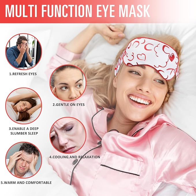 Cavoilu Sleep Mask w/Cooling Gel Eye Mask, Silk Eye Mask for Sleeping, Hot & Cold Eye Masks, Blindfold Reusable Eye Cover Sleeping Mask for Home Office Travel, Gifts for Women (Red Heart)