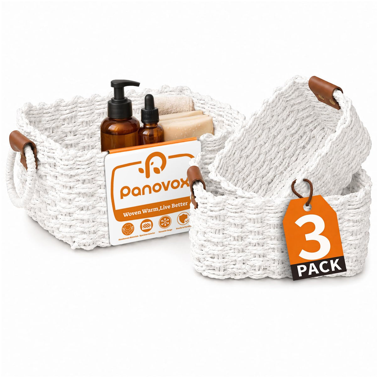 Panovox Small Wicker Baskets, 3 PCS Paper Rope Baskets for Shelves, Brown